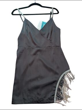 Beaded Fringe Black Mini Dress with Rhinestone Straps